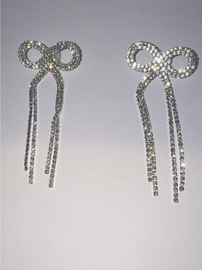 Silver Rhinestone Bow Drop Dangle Earrings Sparkling Bridal Prom